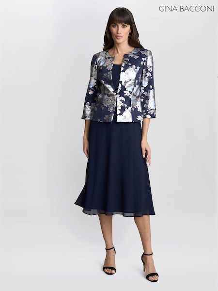 Gina Bacconi Blue Sandra Floral Print Jacquard Jacket And Dress Set (F91621) | € 499