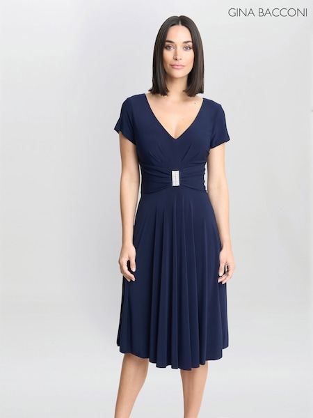 Gina Bacconi Blue Elsa Jersey Cocktail Dress With Waist Embellishment (F91622) | €186