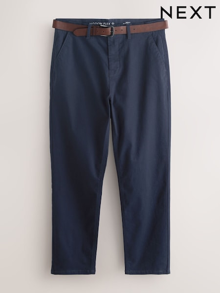 Navy Straight Fit Motionflex Chinos Trousers With Belt (F91701) | €45