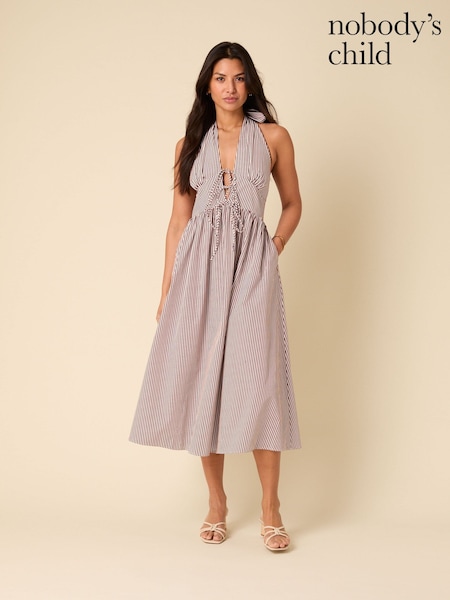 Nobodys Child Brown Lilijana Halter Neck 100% Cotton Midi Dress (F91705) | €101