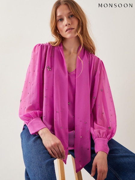 Monsoon Candice Embellished Pussybow Blouse (F91715) | ‏448‏₪