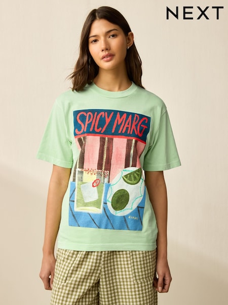 Lime Green Pure 100% Cotton Artist Editions | Frankie Thorp X Next Painted Spicy Margarita Oversize Short Sleeve T-Shirt (F91730) | €30