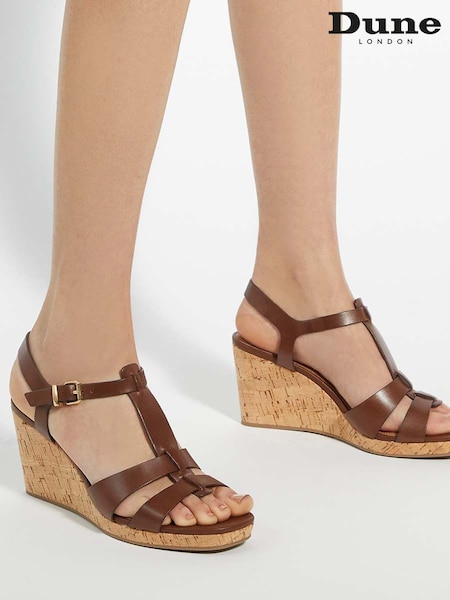 Dune London Brown Standard Fit Kastro Double Strap Tbar Wedge Sandals (F91798) | €127