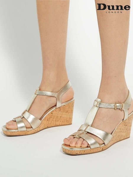 Dune London Gold Standard Fit Kastro Double Strap Tbar Wedge Sandals (F91801) | $142
