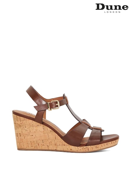 Dune London Brown Wide Fit Kastro Double Strap Tbar Wedge Sandals (F91806) | €113