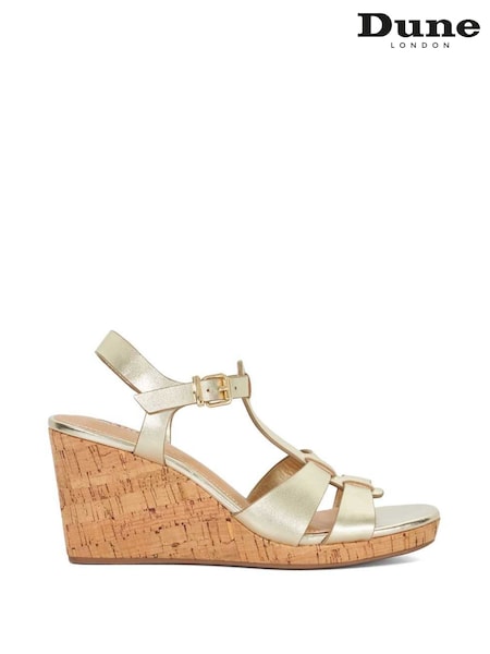 Dune London Gold Wide Fit Kastro Double Strap Tbar Wedge Sandals (F91809) | €113