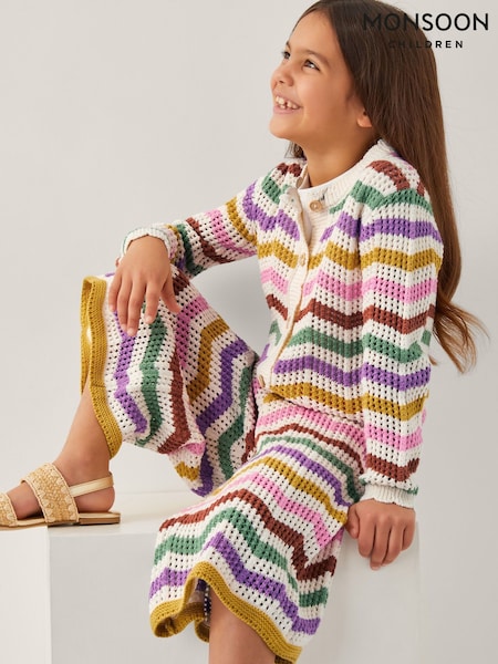 Monsoon Cream Zigzag Stripe Crochet 100% Cotton Cardigan (F91838) | ₪151 - ₪171