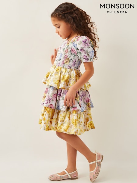 Monsoon Yellow Floral Print Puff Sleeve Tiered 100% Cotton Dress (F91847) | $70 - $80