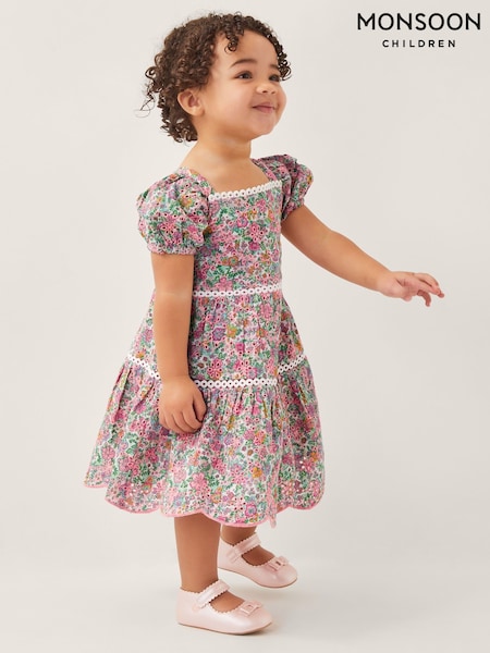 Monsoon Pink Baby Broderie Floral Puff-Sleeve Dress (F91860) | ₪171 - ₪181