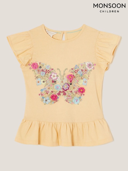 Monsoon Yellow Floral Print Butterfly Frilly 100% Cotton T-Shirt (F91864) | €25 - €33