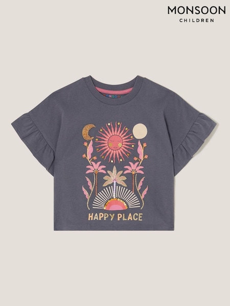 Monsoon Grey Happy Place Frill 100% Cotton T-Shirt (F91870) | ₪70 - ₪91