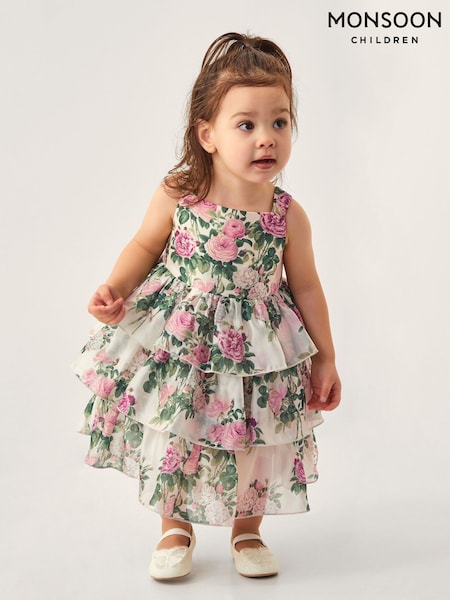 Monsoon Green Baby Raye Floral Organza Tiered Dress (F91875) | AED355 - AED391