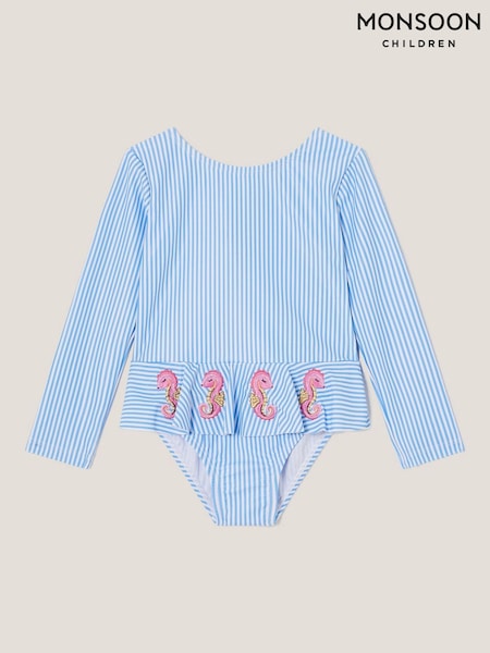 Monsoon Blue Baby Seahorse Stripe UPF50+ Long Sleeve Swimsuit (F91880) | €31 - €37