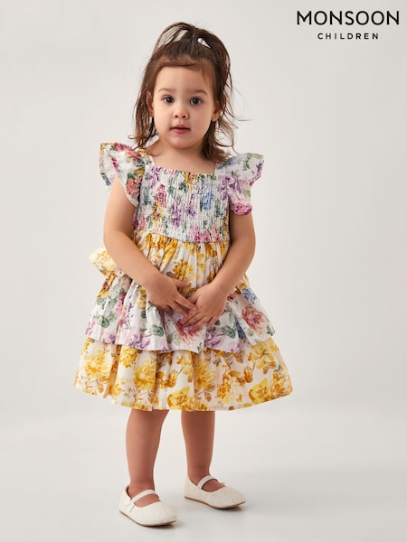 Monsoon Baby Floral Print Puff Sleeve Tiered 100% Cotton Dress (F91900) | 238 LEI - 253 LEI