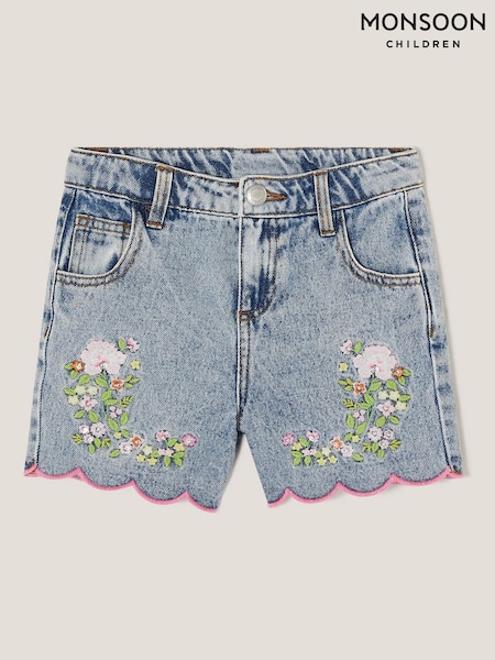 Monsoon Blue Sequin Floral Print Embroidered 100% Cotton Denim Shorts (F91901) | R$ 235 - R$ 275