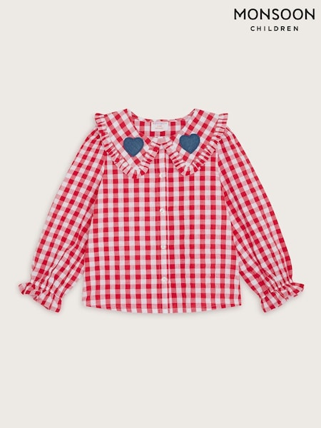 Monsoon Red Heart Collar Gingham 100% Cotton Blouse (F91903) | ₪111 - ₪131
