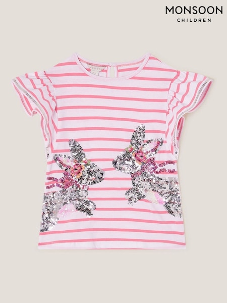 Monsoon Pink Sequin Bunny Stripe 100% Cotton T-Shirt (F91908) | €22.50 - €28