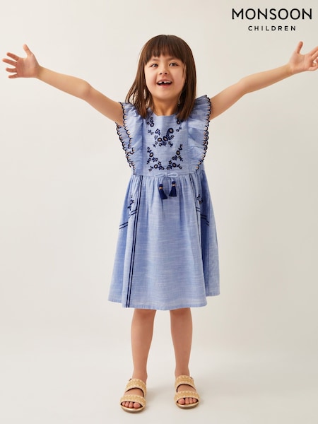 Monsoon Blue Floral Embroidered Frilly Dress (F91910) | €40 - €47