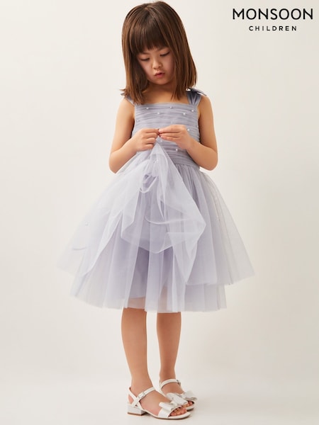 Monsoon Blue Olivia Pearl Ruched Tulle Dress (F91912) | €59 - €65