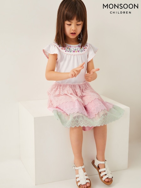 Monsoon Pink Floral Embroidered Tiered Disco Dress (F91923) | 188 QAR - 213 QAR