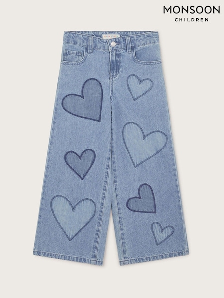 Monsoon Blue Heart Embroidered Wide Leg 100% Cotton Jeans (F91926) | kr428 - kr485