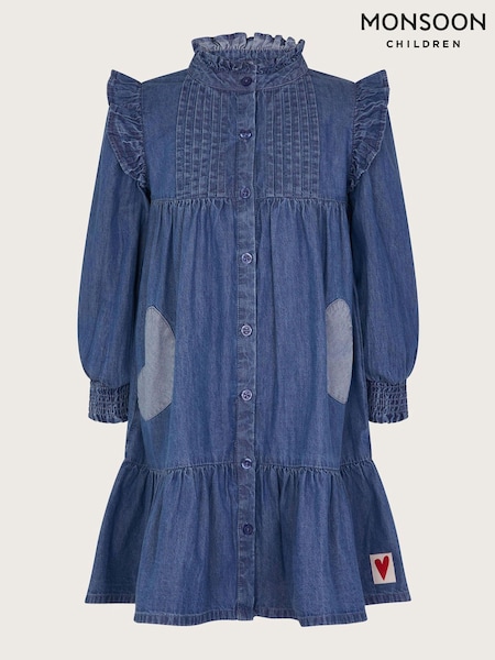 Monsoon Blue Long Sleeve Ruffle Heart Denim 100% Cotton Dress (F91927) | €43 - €48