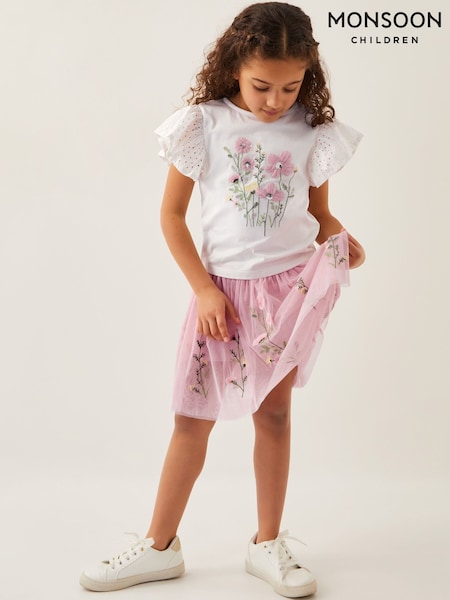 Monsoon Floral Embroidered 100% Cotton T-shirt And Tulle Skirt Set (F91938) | ‏19 د.ك.‏ - ‏21.500 د.ك.‏