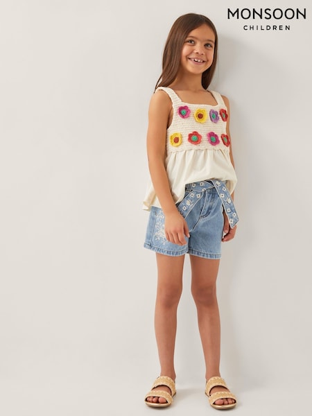 Monsoon Blue Floral Embroidered Belted Denim Shorts (F91940) | ₪121 - ₪141