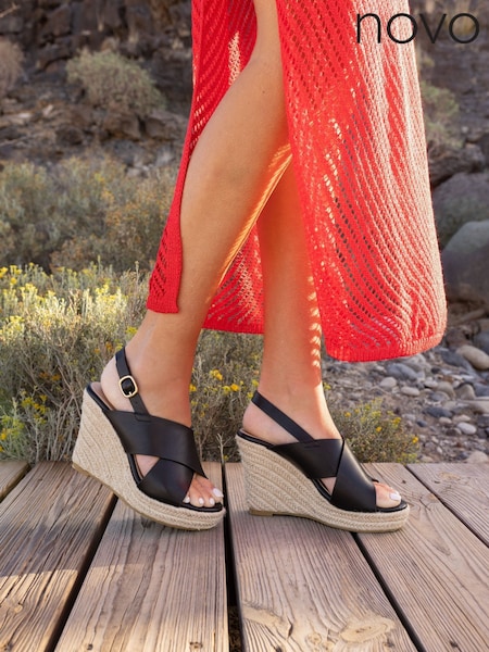 Novo Black Blossom Espadrille Cross Front Wedge Sandals (F92033) | €45