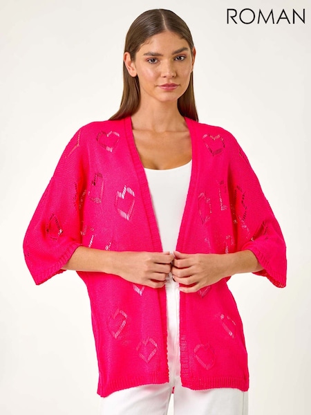 Roz - Cardigan tricotat Roman cu inimă în tehnica pointelle (F92147) | 335 LEI