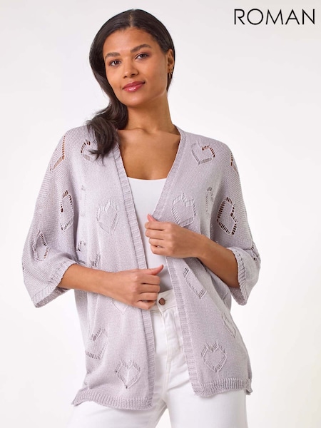 Roman Grey Pointelle Heart Knit Cardigan (F92162) | $96