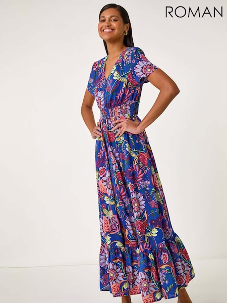 Roman Blue Rose Print Button Detail Maxi Dress (F92164) | 3,485 UAH