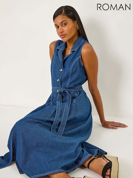 Roman Blue Denim Button Through 100% Cotton Midi Dress (F92168) | €60