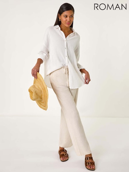 Roman Natural Full Length Linen Trousers (F92170) | ₪226