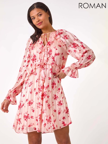 Roman Pink Print Ruffle V-Neck Smock Dress (F92171) | R$ 785