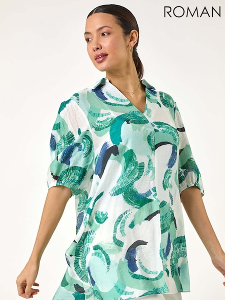 ירוק - Roman Floral Print Longline Blouses (F92173) | ‏264‏₪