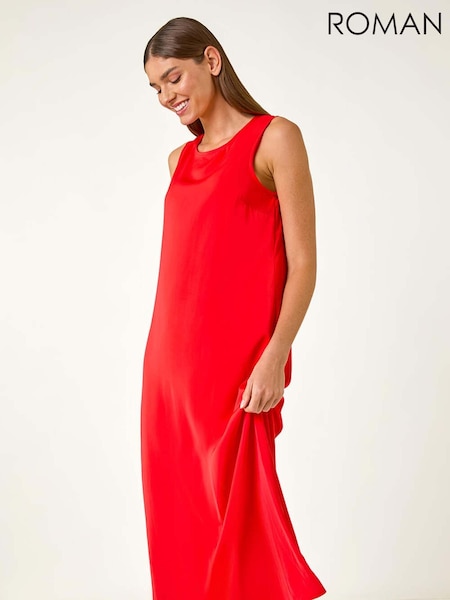 Roman Red Satin A-Line Pocket Midi Dress (F92177) | €53