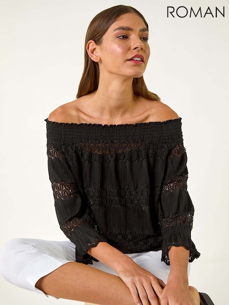 Roman Black Lace Insert Frill Bardot Top (F92180) | ₪201