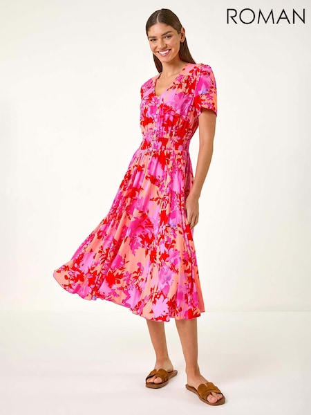 Roman Pink Shadow Floral Print Shirred Midi Dress (F92186) | €69