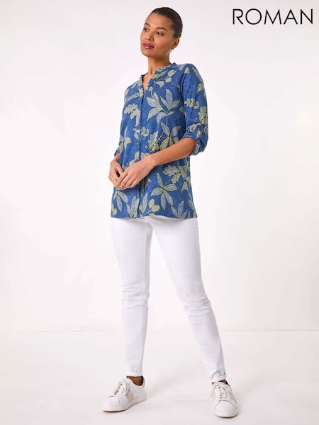 Roman Blue Leaf Print 100% Cotton Blouse (F92188) | R$ 485
