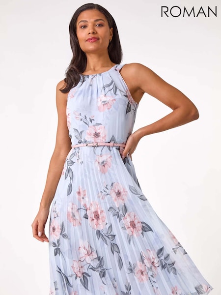 Roman Grey Floral Pleated Halter Midi Dress (F92191) | 386 QAR