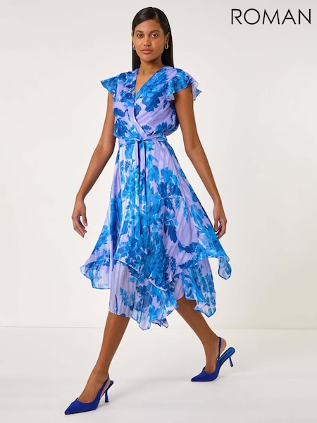 Roman Blue Floral Frill Midi Wrap Dress (F92199) | €90