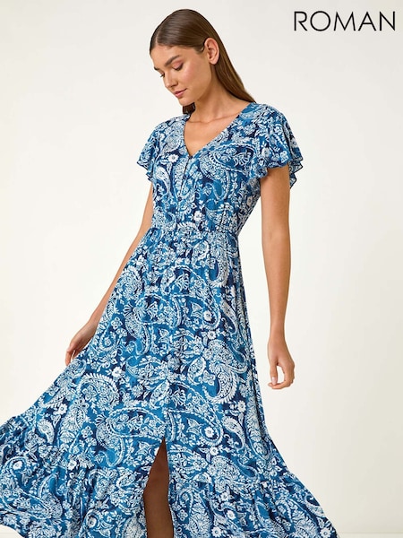 Roman Blue Paisley Print Crinkle Maxi Dress (F92202) | €63