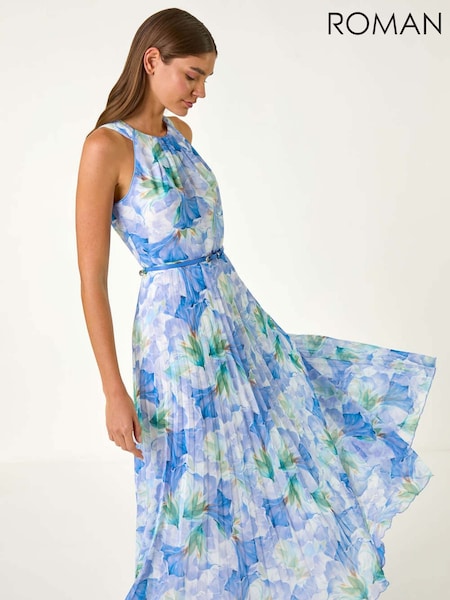 Roman Blue Floral Print Pleated Maxi Dress (F92211) | 445 QAR