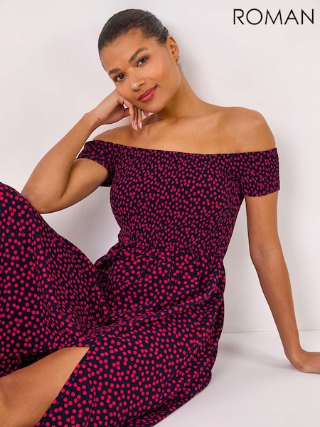 Roman Spot Print Shirred Bardot Maxi Dress (F92213) | 335 LEI