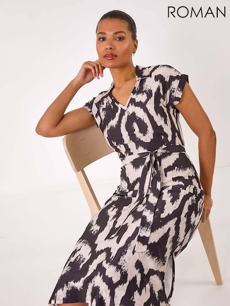 Roman White Abstract Print Belted Stretch Midi Dress (F92219) | €64