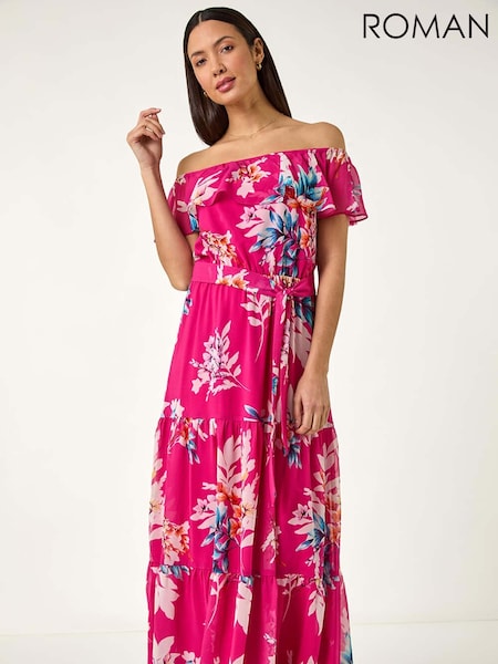 Roman Pink Floral Bardot Belted Maxi Dress (F92225) | €89