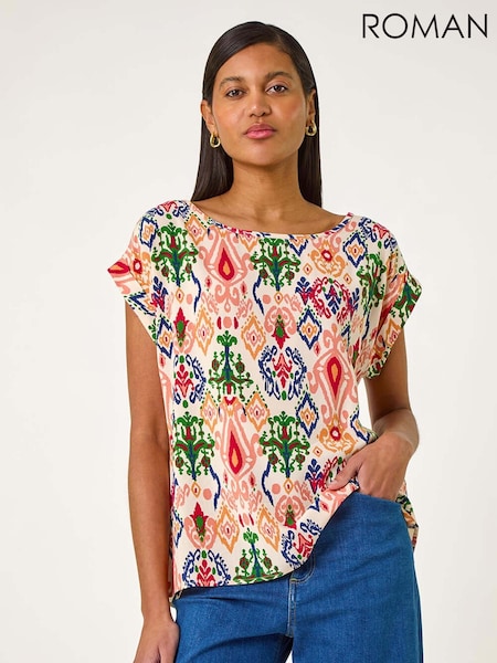 Roman Orange Abstract Print Cuff Sleeve Top (F92228) | R$ 385