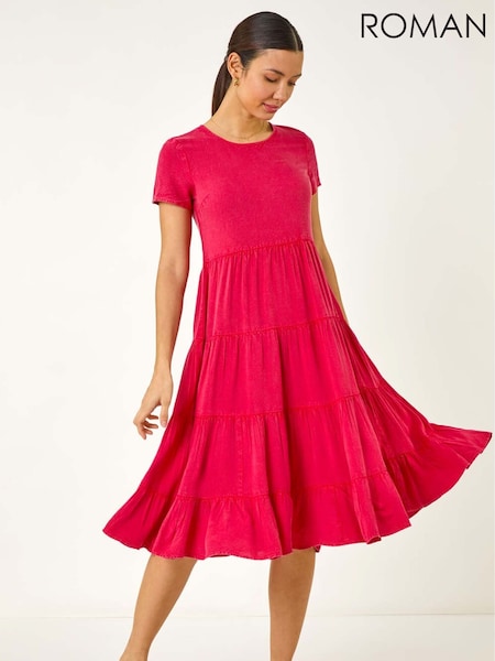 Roman Pink Frill Tiered Smock Midi Dress (F92229) | R$ 580