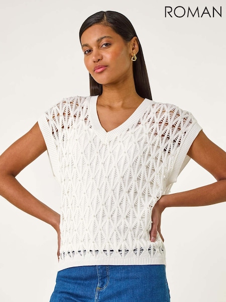 Roman White Faux Pearl 2 Layer Knit Top (F92230) | €53